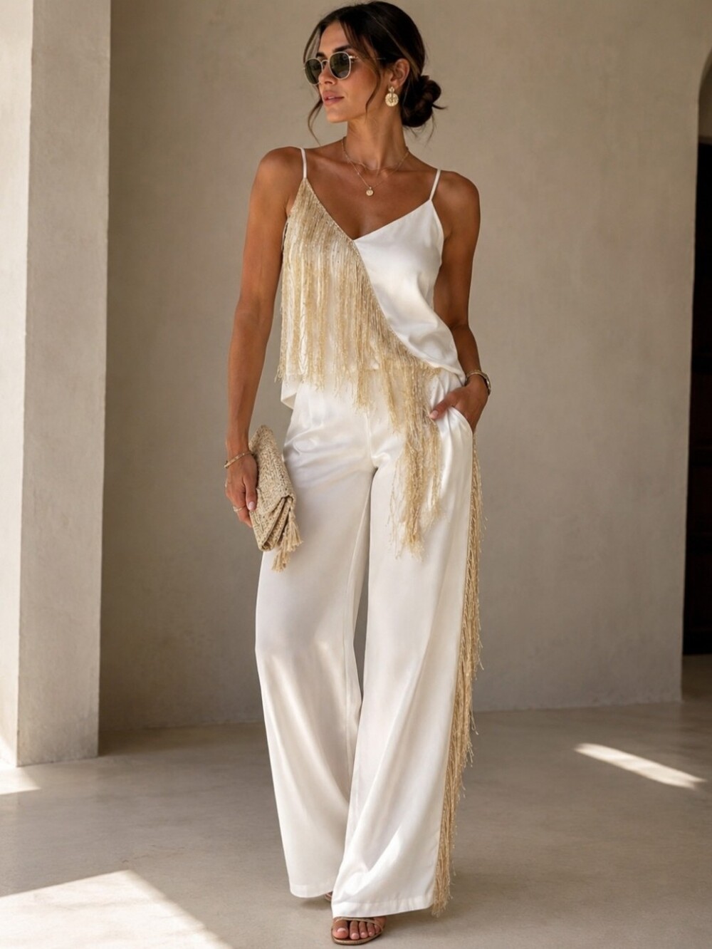 Set 2 Pieces - Ulu Ivory Satin Wide-Leg Jumpsuit with Gold Fringe